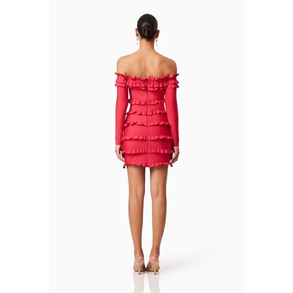 Elliatt Kimberly Long Sleeve Frill Mini Dress Red Party Cocktail size S NWT$389 - Picture 3 of 6
